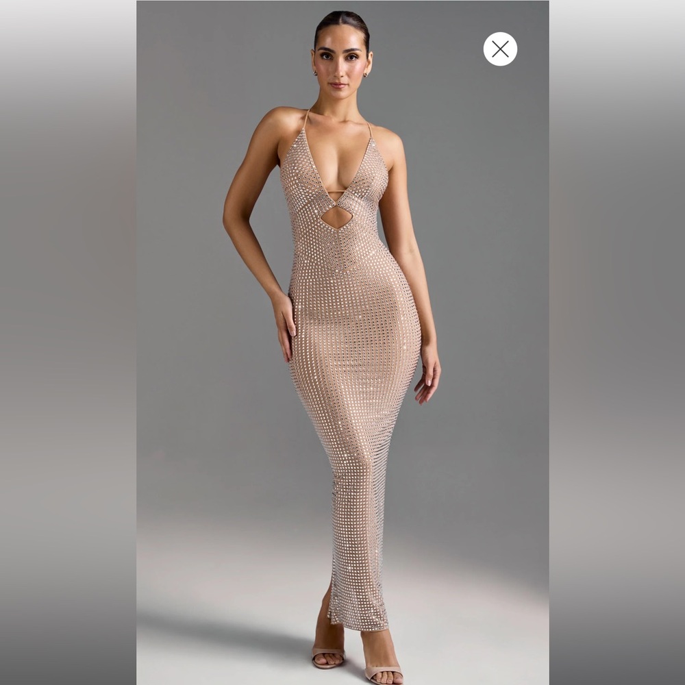 AKIKO - Oh Polly - Embellished Cut-Out Maxi Dress in Almond | size 2